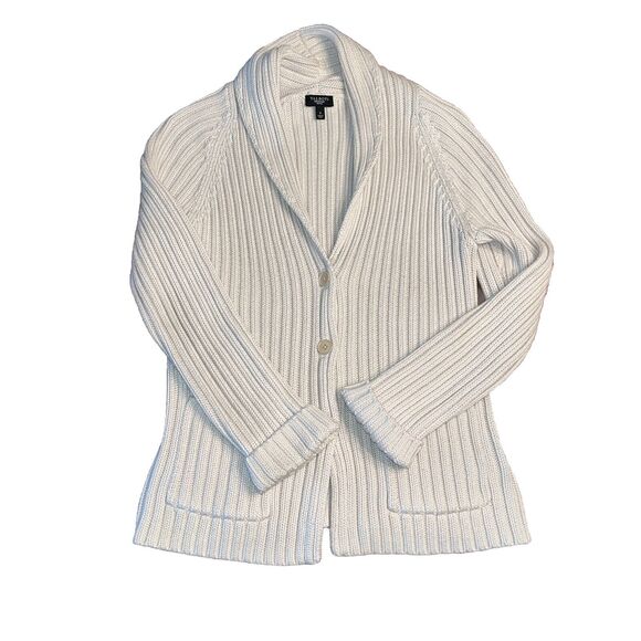 Talbots Petites Sweaters - Talbots Petites Cream Chunky Knit Collared Button Up Sweater Cardigan Small